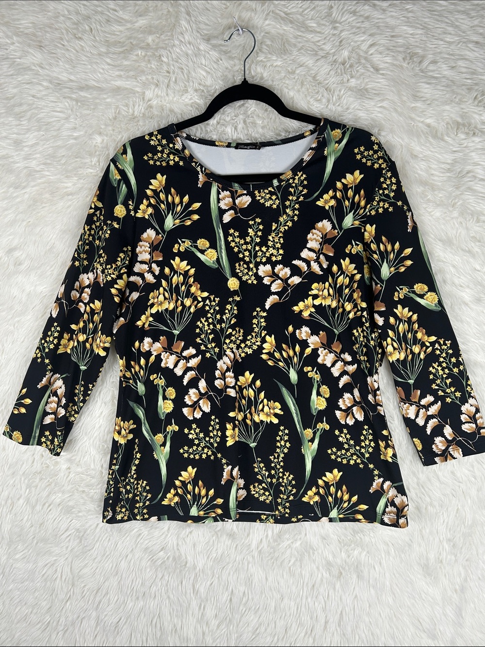 J. McLaughlin Black Floral 3/4 Sleeve Top with Yellow & Green Accents
